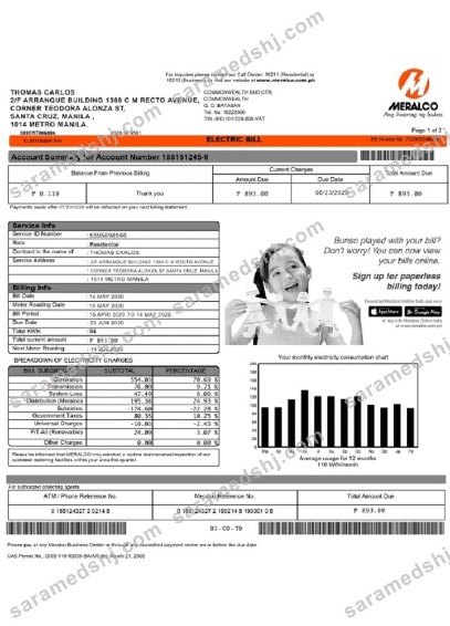 Philippines Meralco electricity utility bill template in Word and PDF format